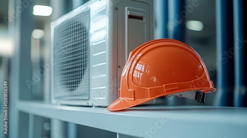 Orange hard hat next to industrial air conditioning unit in modern facility