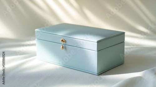 Minimalistic and elegant blue hued closed jewelry box with a delicate golden hook on white background with casted shadow of leaves , copy text space  