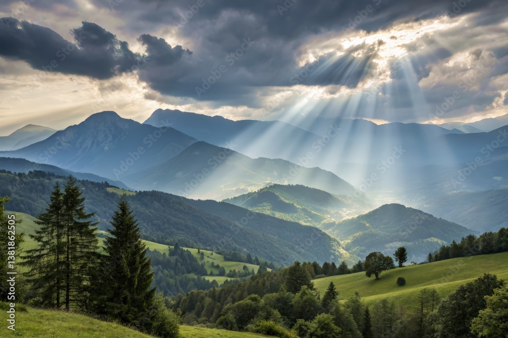 Obraz premium Majestic mountain landscape, Sunbeams piercing through clouds, Dramatic sky, Rolling green hills, Forested valleys, Misty peaks, Crepuscular rays, Blue ridge mountains, Ethereal light, Panoramic vista