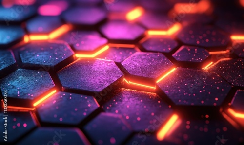 Geometric Abstract Art with Neon Hexagons and Interconnected Shapes on Dark Background