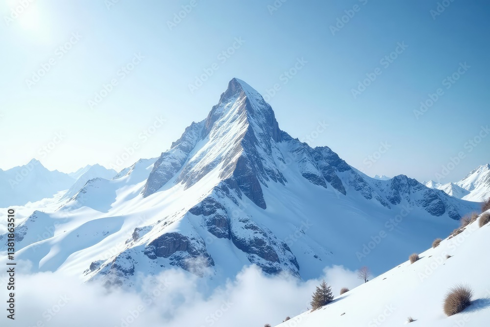 Fototapeta premium Snow covered mountain peak against bright white sky, scene, nature