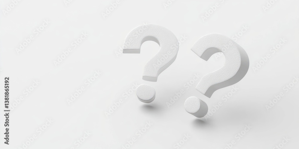 Three White Question Marks on White Floor for Business Concept, FAQ, and Problem Solving Three White Question Marks on White Floor for Business Concept, FAQ, and Problem Solving
