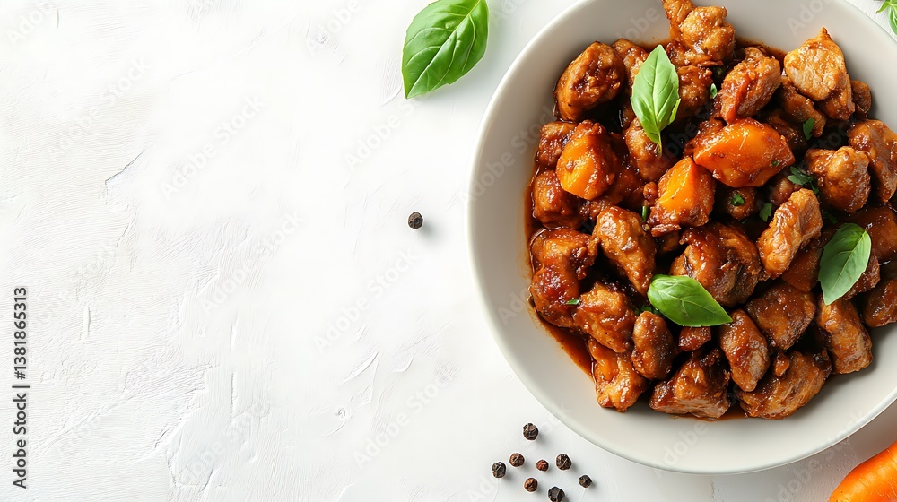 Fototapeta premium Delicious looking dish of chicken with sauce and green basil leaves