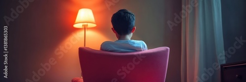 Sad lonely boy sitting on a pink chair in dim room facing wall, introverted child with autism, mental health awareness, isolation, anxiety, childhood depression photo