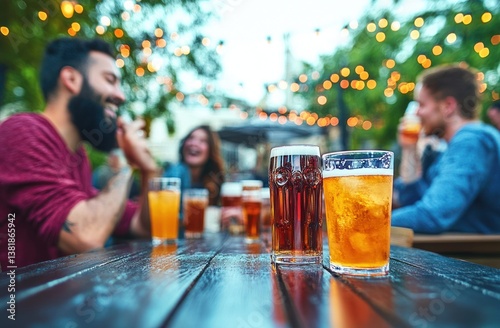 Friends enjoying drinks at outdoor brewery bar gathering with open face masks during happy hour for summer fun