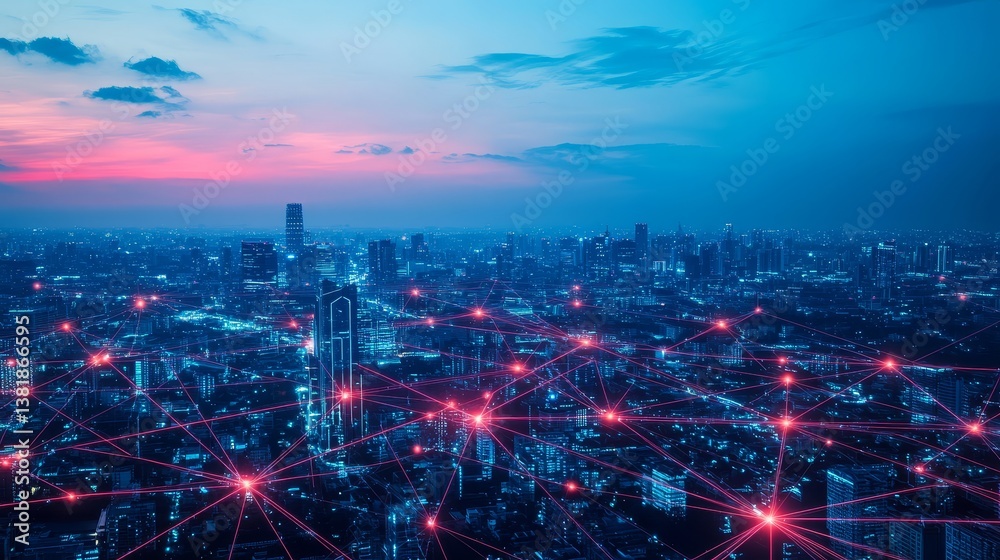 Fototapeta premium Futuristic city at dusk with digital network overlay and connecting points