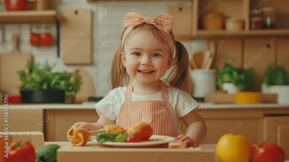 Toddler plays chef with cardboard kitchen. Toddler plays chef with cardboard kitchen.