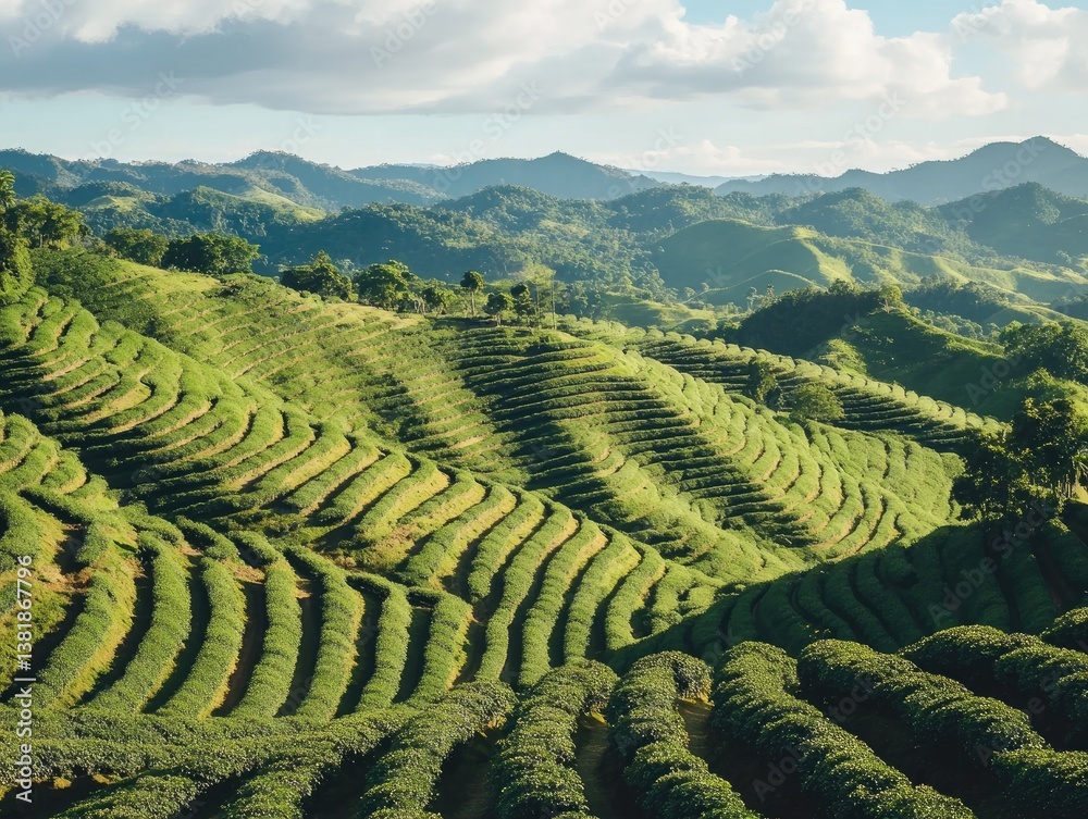 Naklejka premium Rolling Green Tea Terraces for Mountain Landscape.