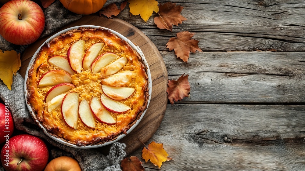 Pumpkin casserole with apple and semolina is on the wooden table. Pumpkin casserole with apple and semolina is on the wooden table.