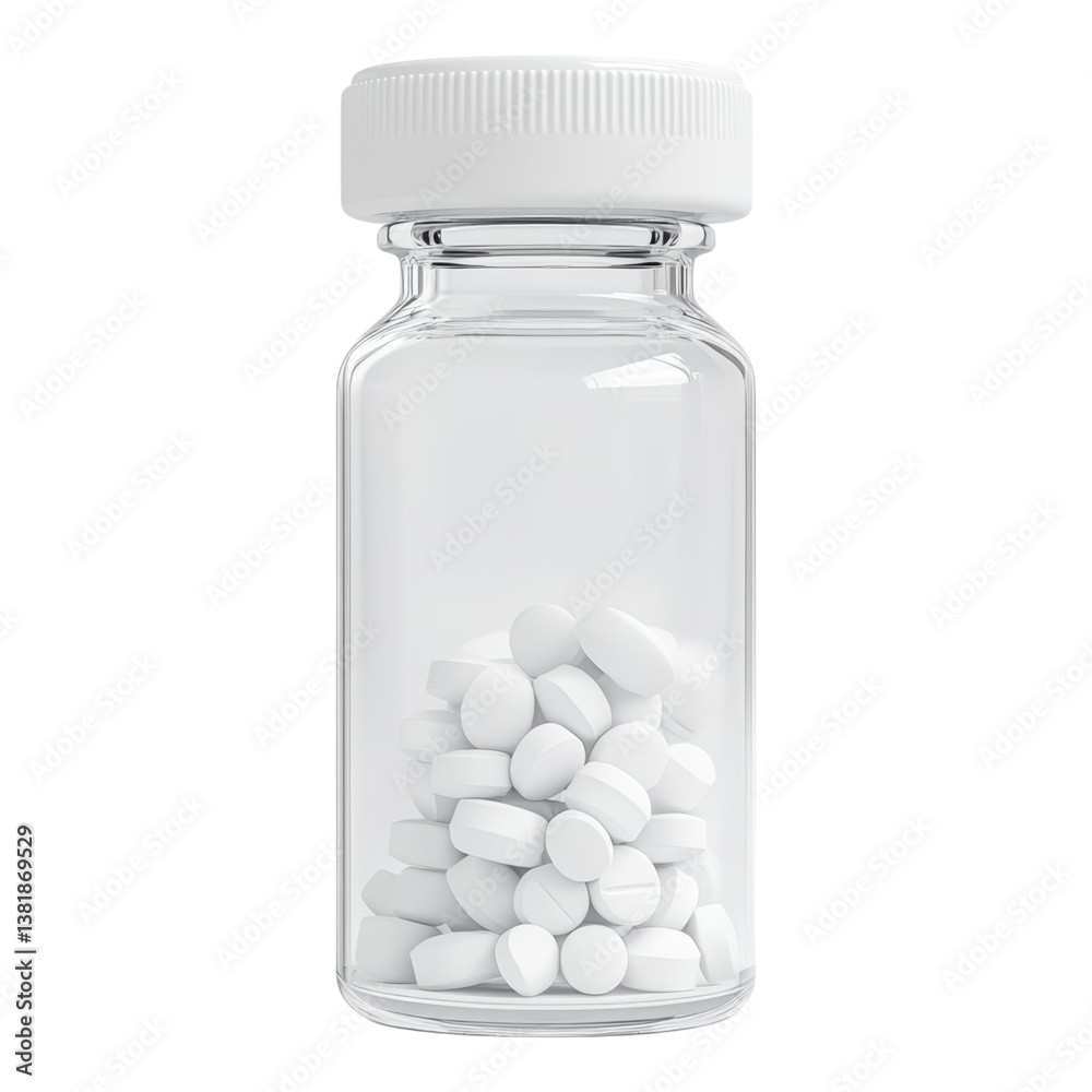 Transparent Bottle with White Pill Tablets Inside Transparent Bottle with White Pill Tablets Inside