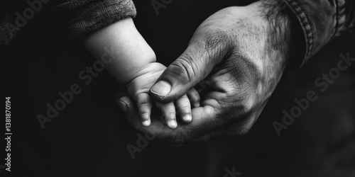 A baby's hand is held by an adult man, black and white photography, dark background, high resolution, 