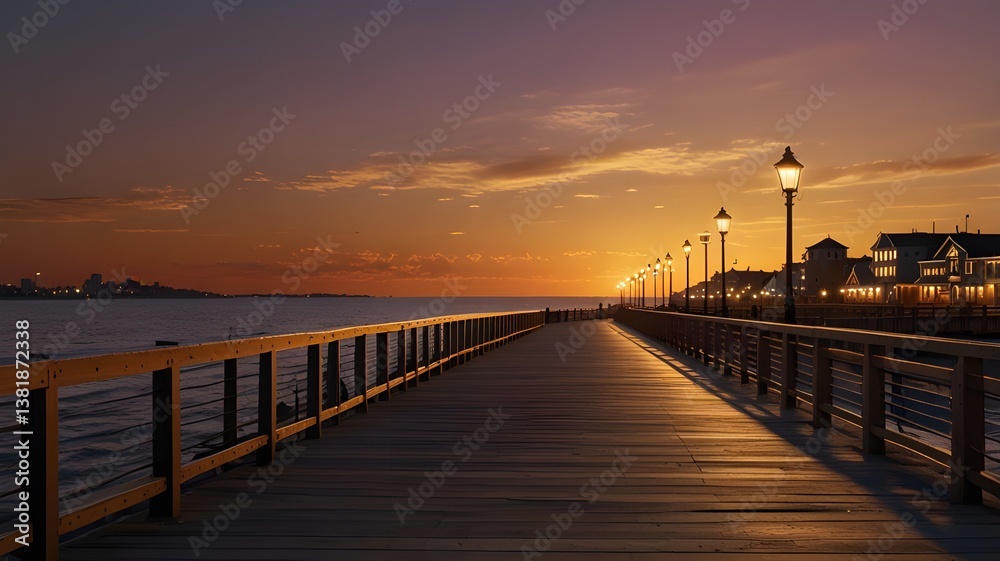 Obraz premium A boardwalk at sunset, where city lights start to shimmer against the warm evening sky