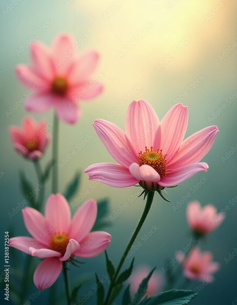 Obraz premium In a tranquil setting, soft pink flowers rise elegantly against a soothing blurred backdrop, evoking feelings of calm and inviting a moment of reflection among nature's beauty Generative AI