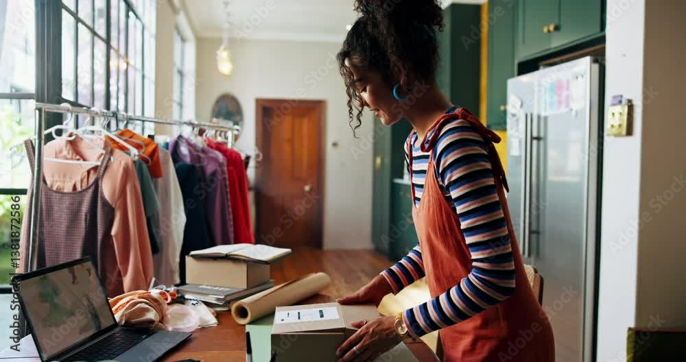 Fashion store, online shop or woman with clothes package for retail boutique supplier or product distribution. Ecommerce industry, happy person or box for courier delivery, shipping or small business