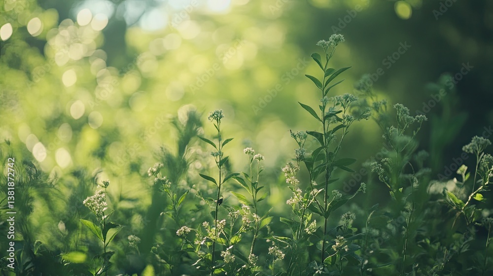 Obraz premium Sunlit Wildflowers in Lush Forest.