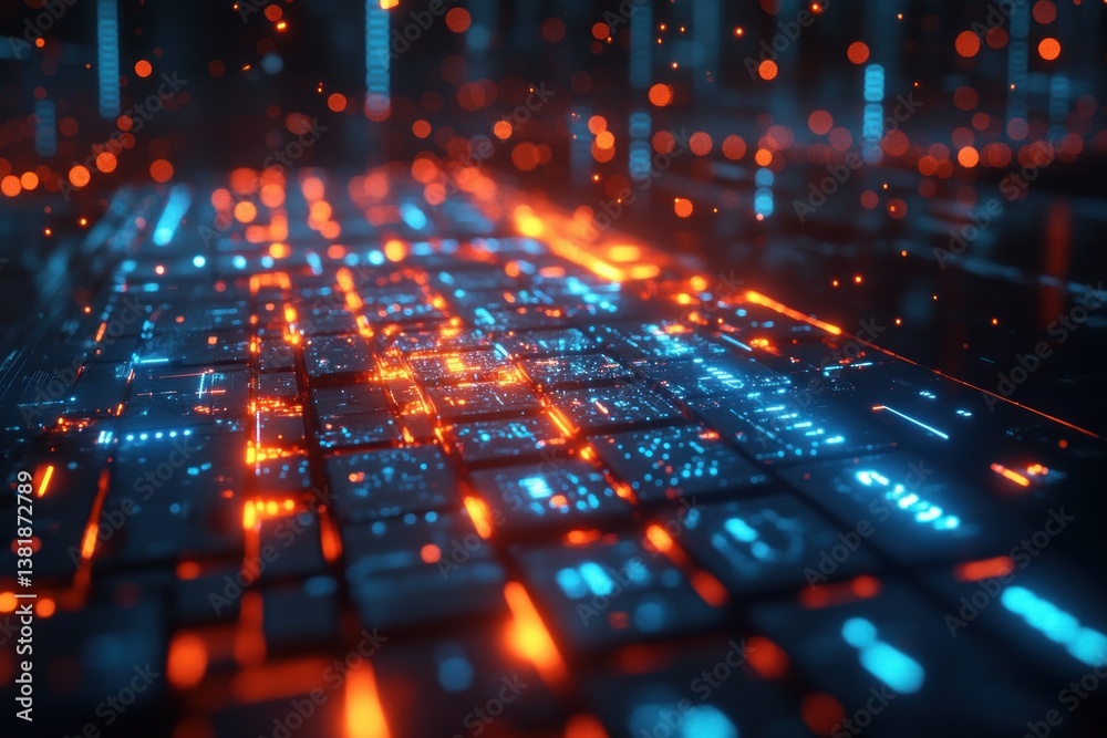 Obraz premium Digital Banking and Financial Technology in a Futuristic Workspace with Holographic Interface and Neon Lights