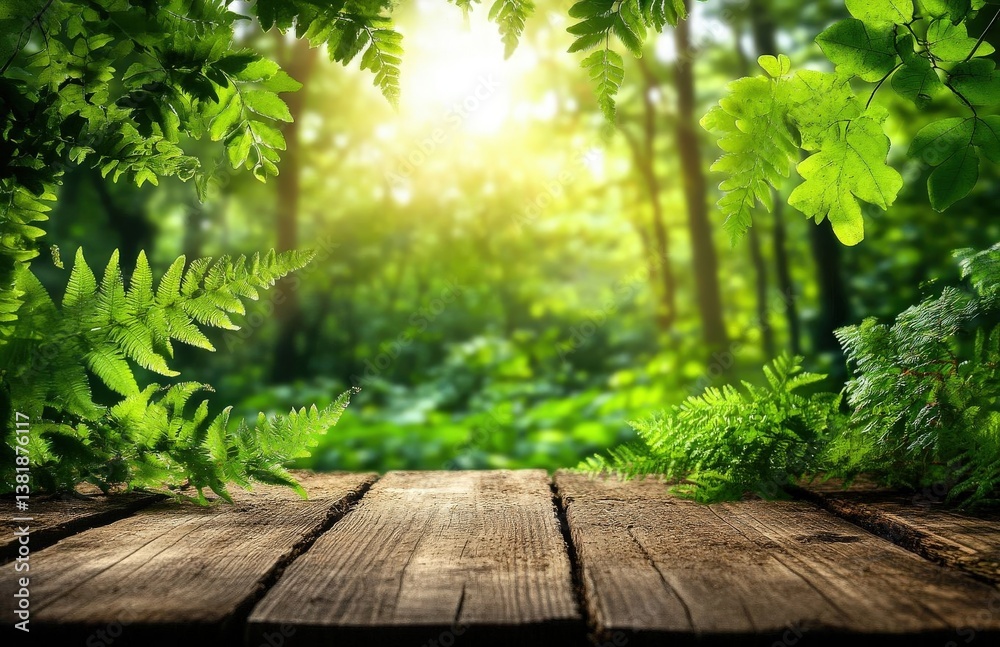 Empty wooden table with blurred green forest background, ideal for product display. Spring nature and garden concept in a natural, outdoor setting. Empty wooden table with blurred green forest background, ideal for product display. Spring nature and garden concept in a natural, outdoor setting.