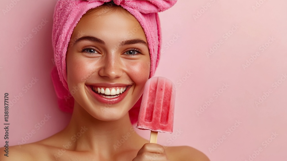 Smiling housewife with popsicle, refreshing delight. Smiling housewife with popsicle, refreshing delight.