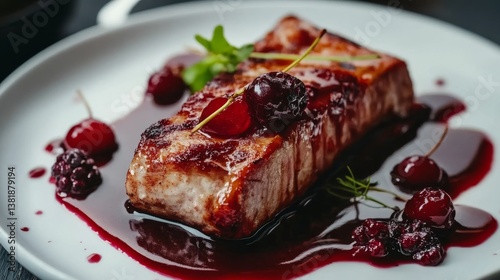 Baked pork: berry and cherry sauce.