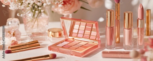 Beauty still life with cosmetic items in soft pink and gold tones,