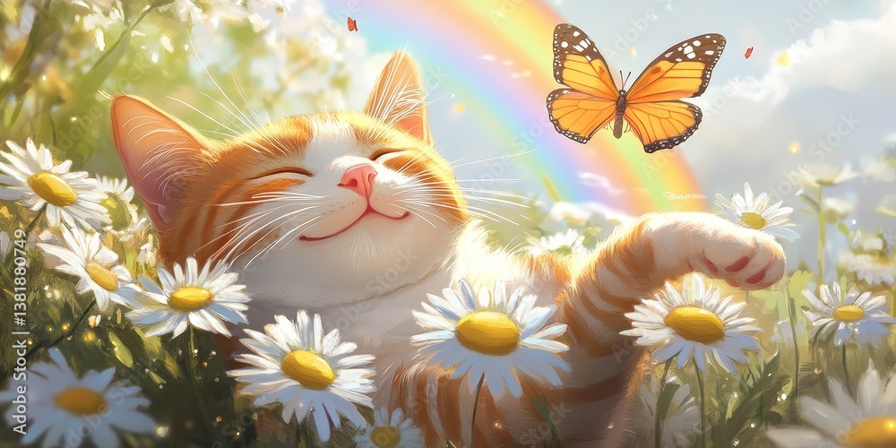 Joyful orange cat relaxing in daisy field with butterfly under rainbow