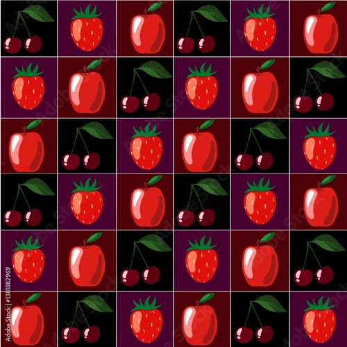 Fruit seamless pattern with apples, strawberries and cherry