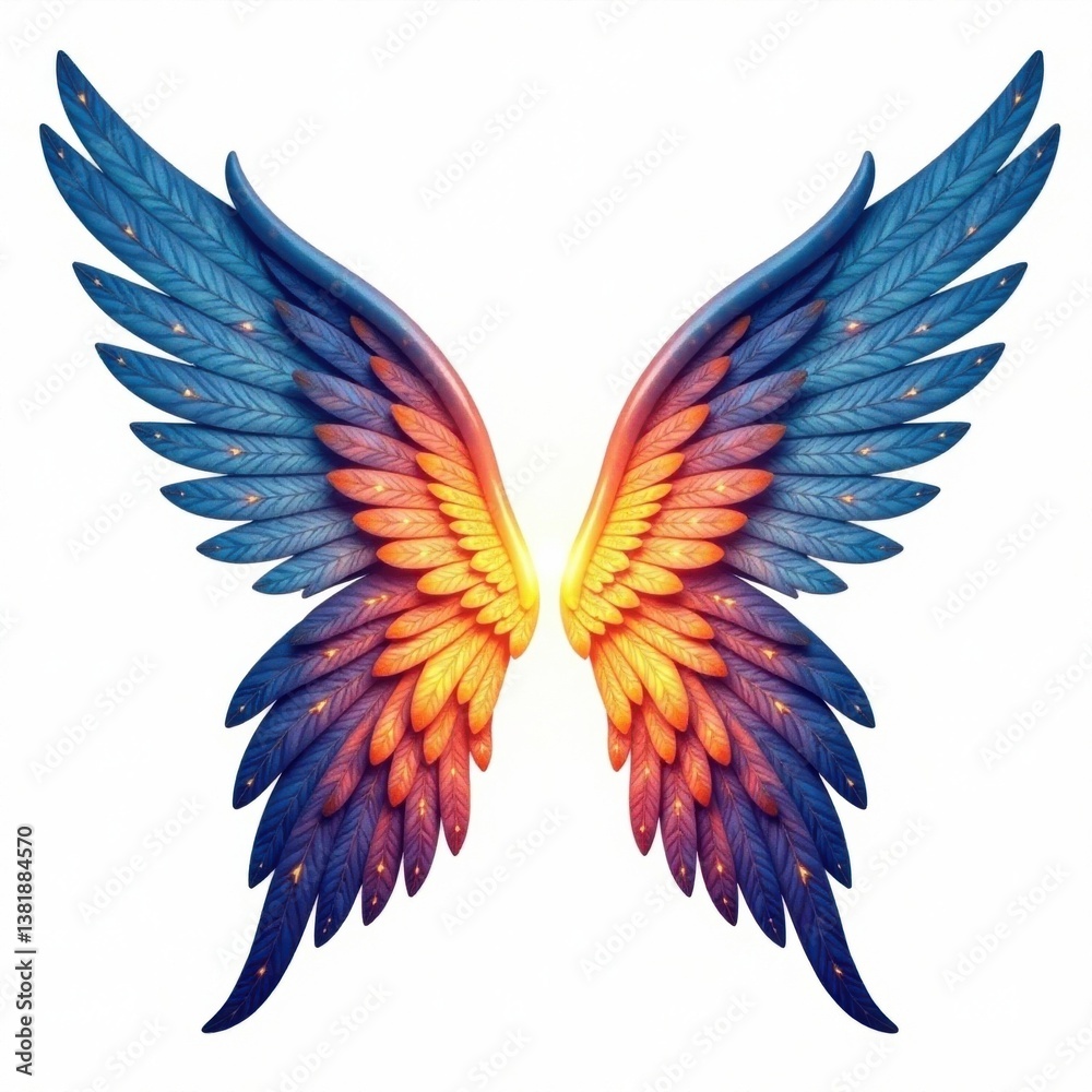 Fototapeta premium Angelic wings in shimmering colors isolated on white background, , heavenly, heavenly