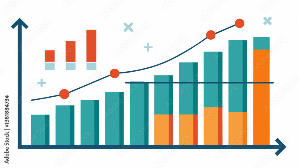 A line graph shows a steady increase in sales over the past five years while a corresponding bar graph demonstrates the decrease in operating expenses during the same period.. Vector illustration