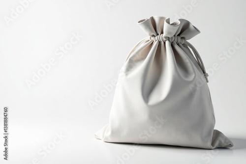 Close-up view of a small drawstring bag, white backdrop, craft, gift bag, minimal