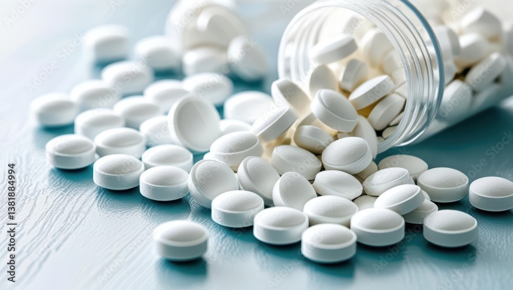 White Fentanyl Tablets Scattered Across A Wooden Table Surface, Highlighting The Serious Issues Of Opioid Addiction And Prescription Drug Misuse Affecting Individuals And Communities. White Fentanyl Tablets Scattered Across A Wooden Table Surface, Highlighting The Serious Issues Of Opioid Addiction And Prescription Drug Misuse Affecting Individuals And Communities.