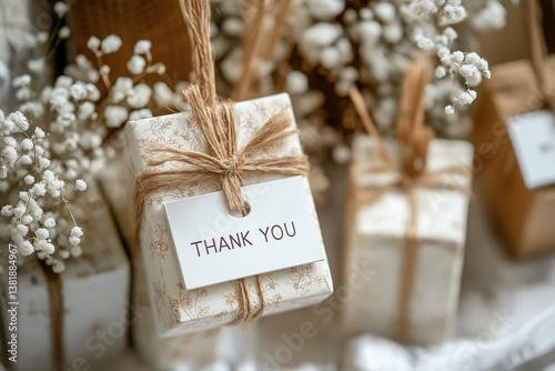 Thoughtful wedding favors featuring natural kraft boxes adorned with white thank you cards and jute string bows, complemented by airy baby's breath flowers and soft ambient lighting.