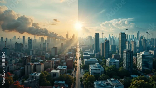 Urban Landscape Showing Pollution and Clean Energy Transition  