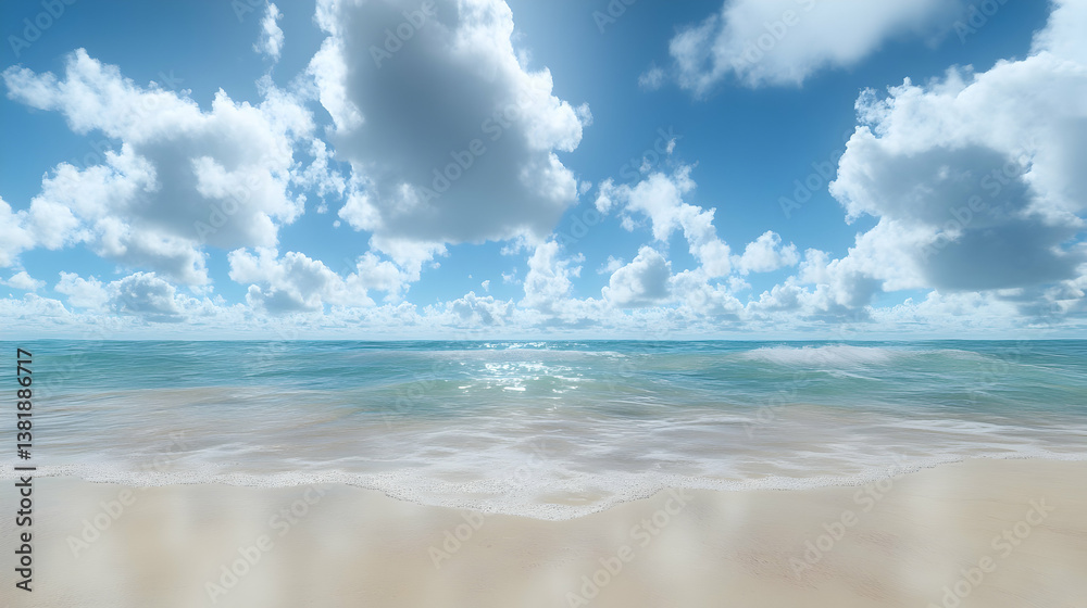 Fototapeta premium Sunny beach, ocean waves, blue sky, cloudscape