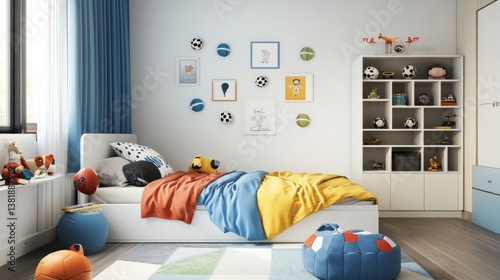 Kid's room: football decor, white wall.