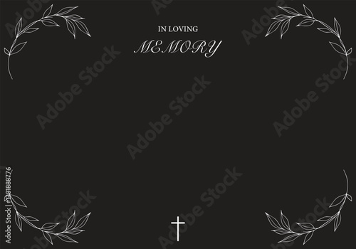 Funeral card. Empty card with leaves frame. In loving memory. Church cross.