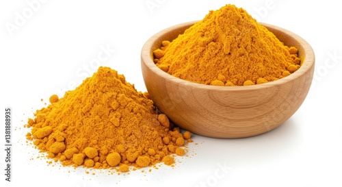 A wooden bowl and pile of vibrant yellow turmeric powder on a clean white background surface view