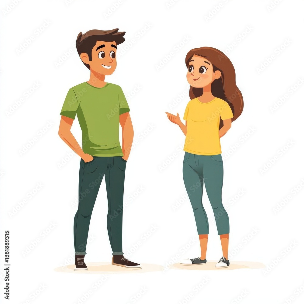 Fototapeta premium Young man in green t-shirt and jeans talking to woman in yellow t-shirt, standing together smiling. Flat illustration isolated on white background, character concept design.