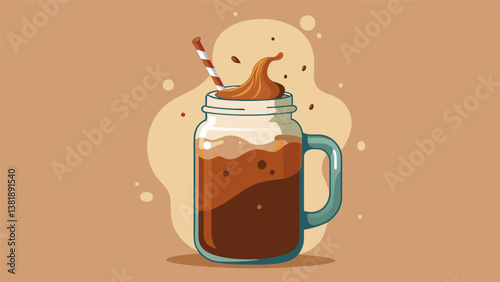 A refreshing cold brew coffee served in a trendy mason jar with a splash of trendy oat milk and a sprinkle of cinnamon on top.. Vector illustration