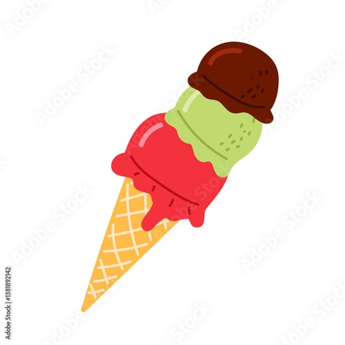 Colorful ice cream cone with three flavors on a sunny day at the park