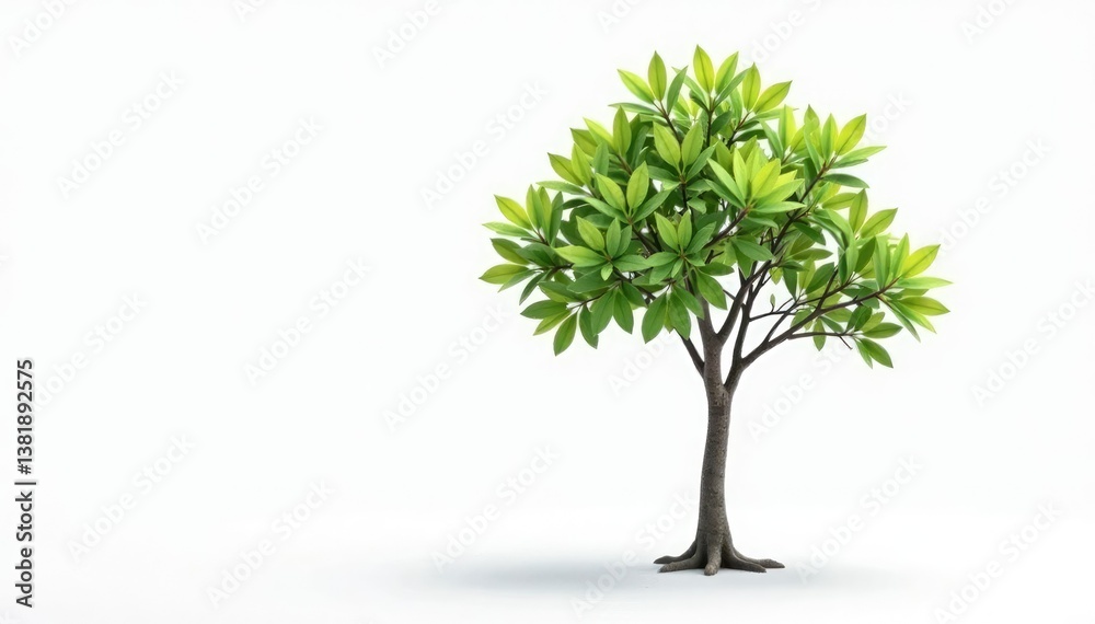 Fototapeta premium Young tree, slender trunk, new growth, clean white backdrop , vibrant, wood, branch