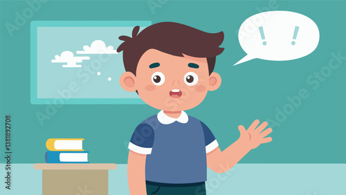 A boy with a heavy accent is met with curious looks as he introduces himself to the class his words stumbling over unfamiliar English phrases.. Vector illustration