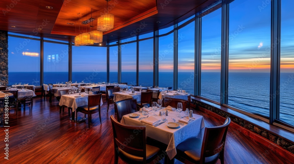 Fototapeta premium A high-ceiling restaurant with floor-to-ceiling windows overlooking the ocean.