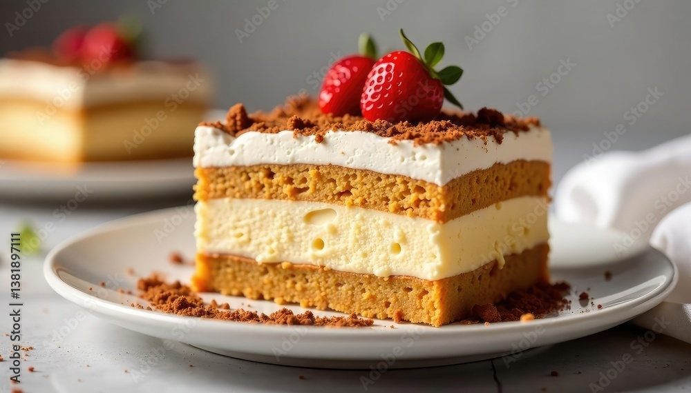 Individual tiramisu portion, showing texture and layers , cocoa, cream Individual tiramisu portion, showing texture and layers , cocoa, cream
