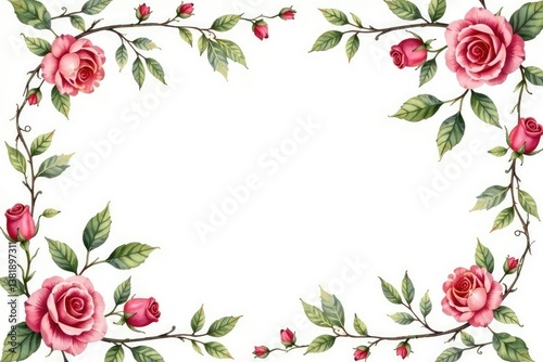 Fototapeta Naklejka Na Ścianę i Meble -  Delicate watercolor roses & leaves, swirling vine pattern, nature, roses