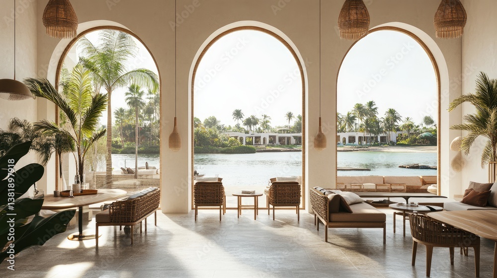 Fototapeta premium A seaside lounge with large, open archways letting in natural light and fresh air.