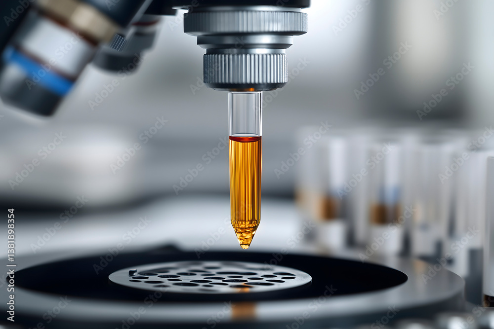 Laboratory setup with microscope and dropper containing orange liquid for analysis of samples Laboratory setup with microscope and dropper containing orange liquid for analysis of samples