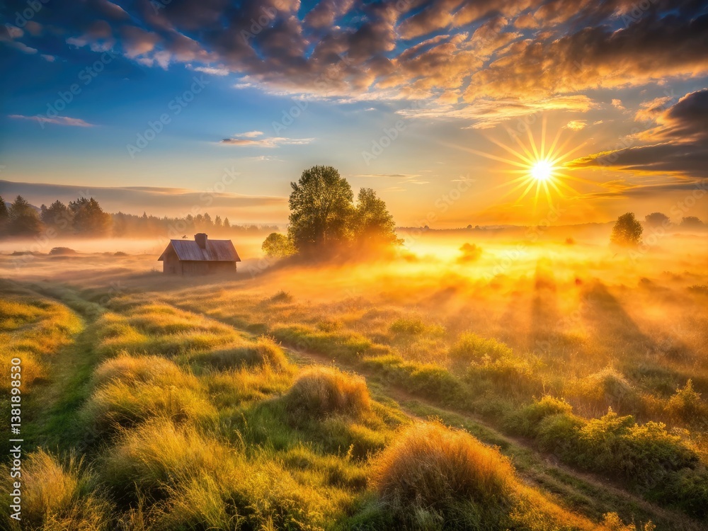 Fototapeta premium Urban exploration reveals a misty sunrise painting sunbeams across golden grasslands.