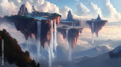 Floating Islands with Waterfalls and Mountainous Landscape in a Dreamy Setting