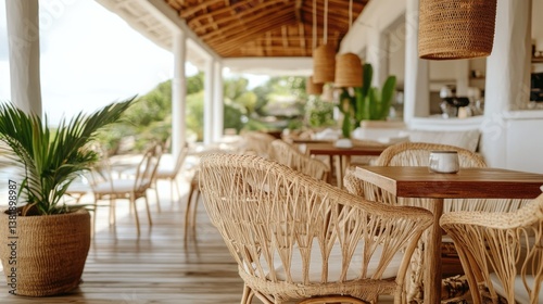 A trendy beach resort caf with rattan chairs  wooden tables  and hanging lanterns.