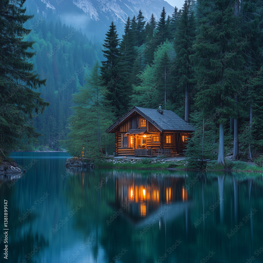 Fototapeta premium A rustic wooden shack surrounded by towering pine trees, offering a peaceful retreat in nature